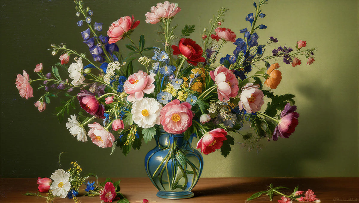Vase with colorful flowers on a wooden surface against a green background
